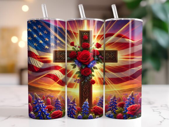 Christian Cross American Flag Tumbler