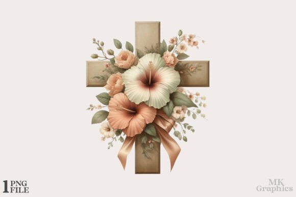 Floral Easter Cross PNG, Christian Illustrations