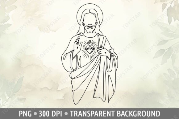 Jesus Sacred Heart One Line Art Drawing Illustrations