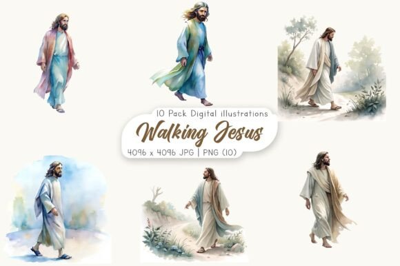 Watercolor Walking Jesus Clipart: Hand-Drawn Illustrations